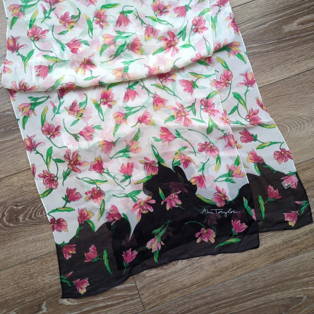 Ann Taylor Floral Sheer Silk Scarf - Black White Pink Onlong Rectangle 17x70